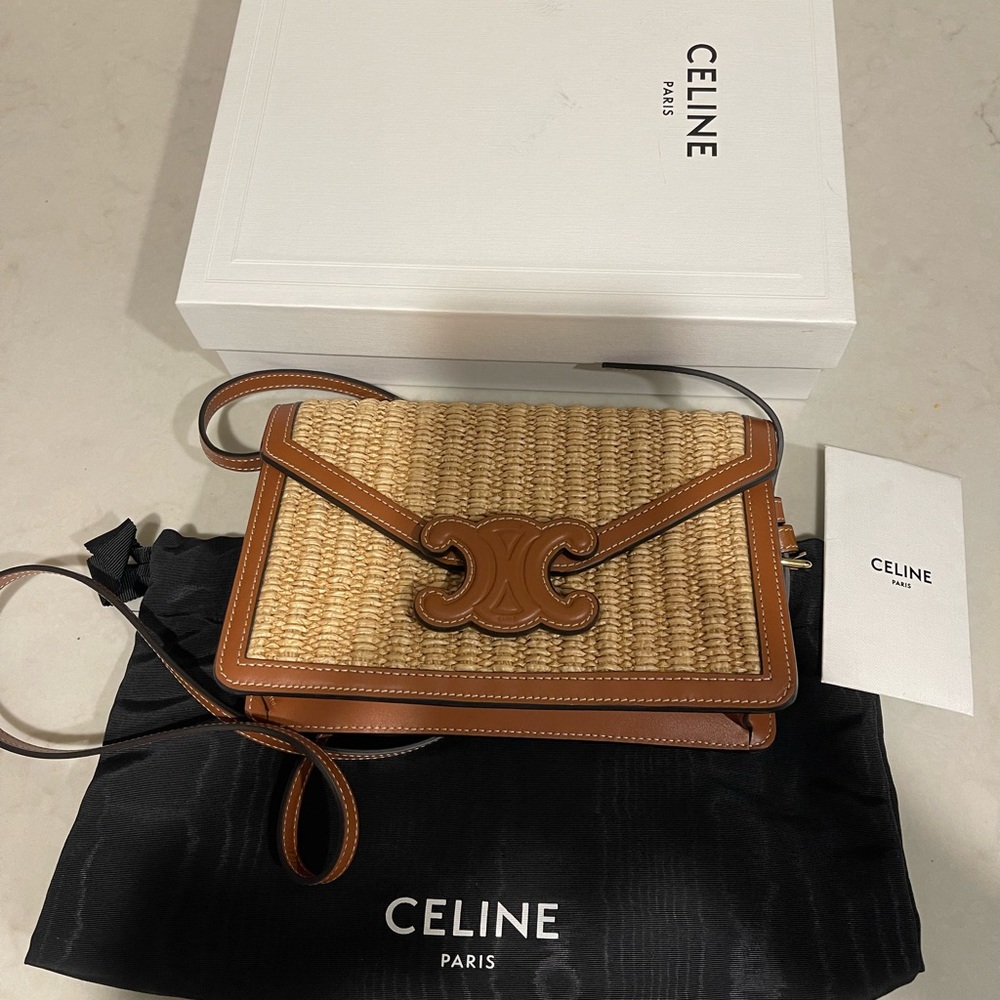 AUTHENTIC CELINE WALLET ON STRAP CUIR TRIOMPHE RAFFIA EFFECT TEXTILE & CALFSKIN
